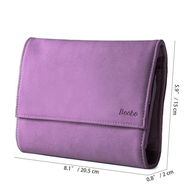 Becko US Jewelry Organizer Roll Travel Jewel Bag case for Multiple Necklaces, Rings, Bracelets, Supple Leather & Suede, Large Capacity Without Crease, Lightweight, Portable & Practical (Purple) - Image 2